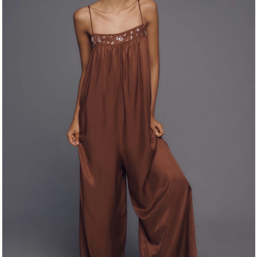 Maeve Brown Satin Wide-Leg Jumpsuit with Embellished Yoke